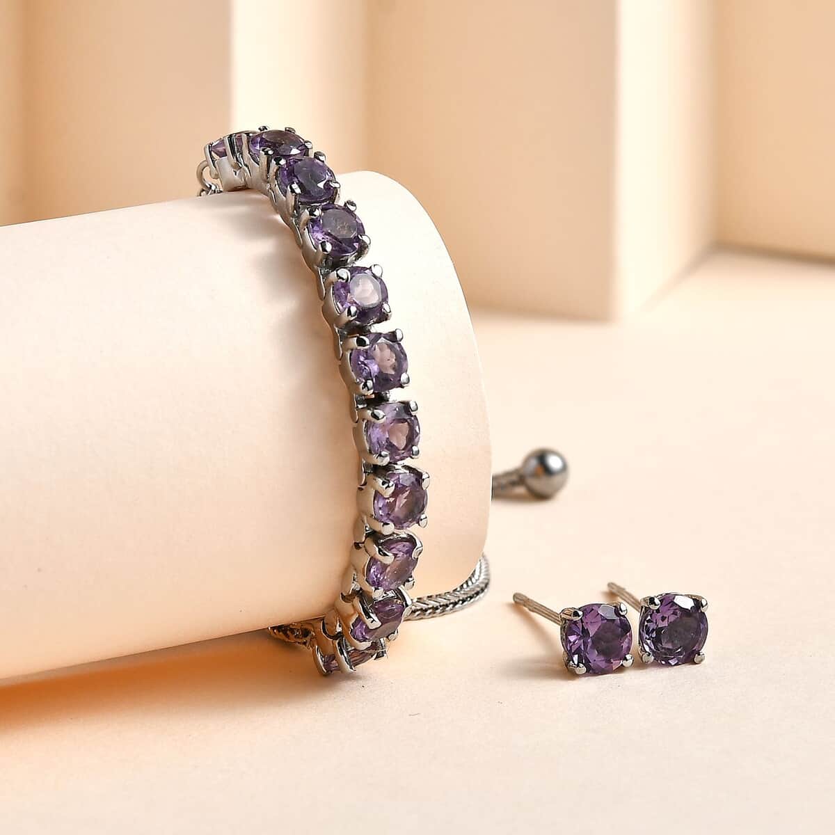 Rose De France Amethyst Bolo Bracelet and Stud Earrings in Stainless Steel 3.60 ctw image number 1