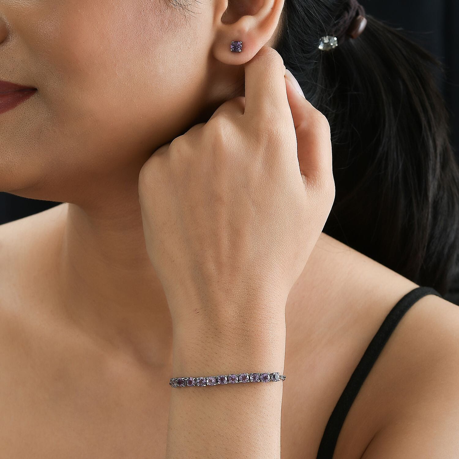 Rose De France Amethyst Bolo Bracelet and Stud Earrings in Stainless Steel 3.60 ctw