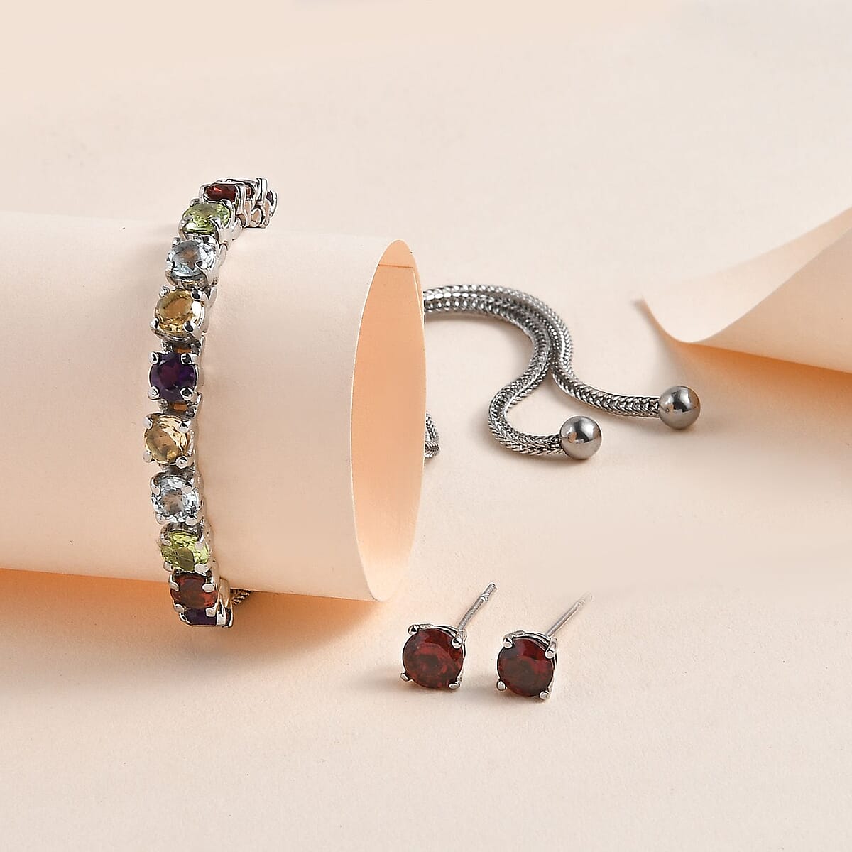 Multi Gemstone Bolo Bracelet and Solitaire Stud Earrings in Stainless Steel 4.20 ctw image number 1