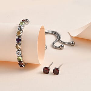 Multi Gemstone Bolo Bracelet and Solitaire Stud Earrings in Stainless Steel 4.20 ctw