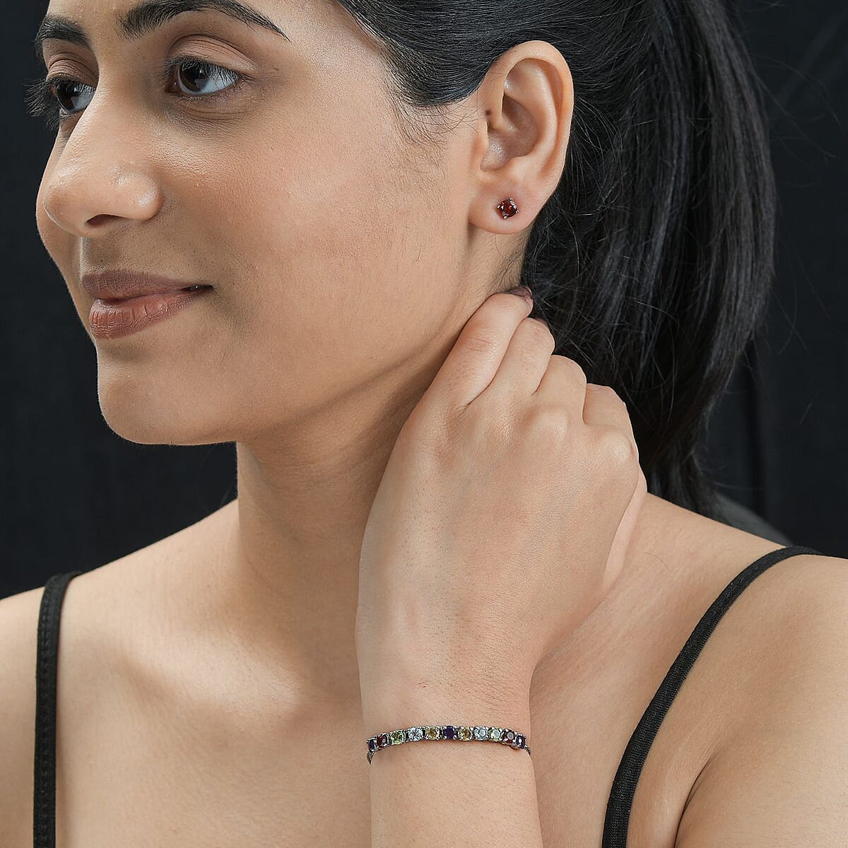 Multi Gemstone Bolo Bracelet and Solitaire Stud Earrings in Stainless Steel 4.20 ctw image number 2