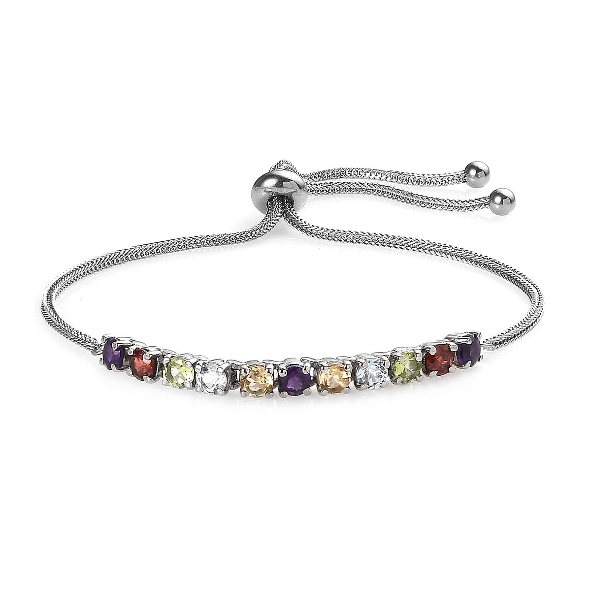 Multi Gemstone Bolo Bracelet and Solitaire Stud Earrings in Stainless Steel 4.20 ctw image number 3
