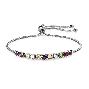 Multi Gemstone Bolo Bracelet and Solitaire Stud Earrings in Stainless Steel 4.20 ctw