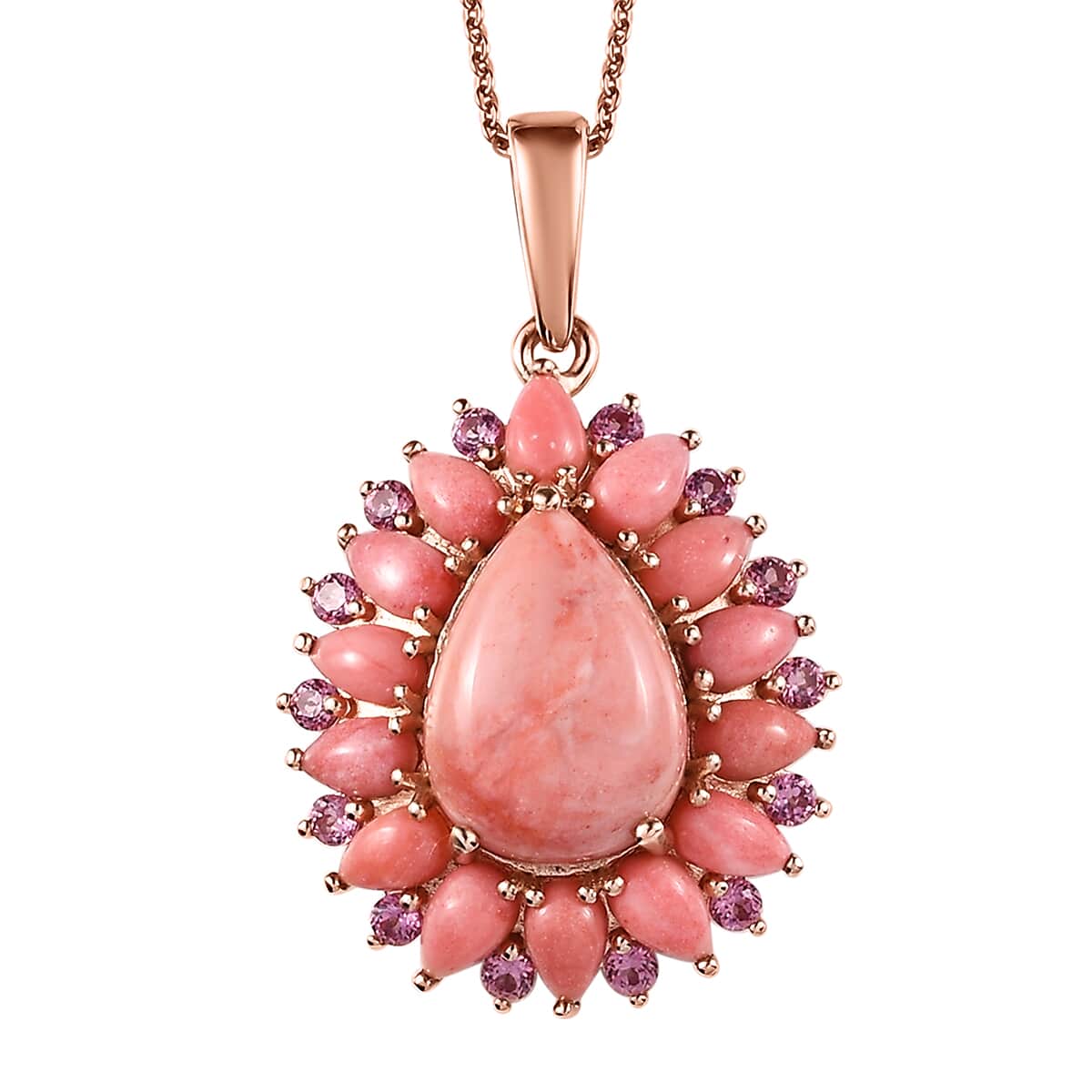 Premium Oregon Sunrise Peach Opal and Lotus Garnet Floral Pendant Necklace 20 Inches in Vermeil Rose Gold Over Sterling Silver 6.25 ctw image number 0