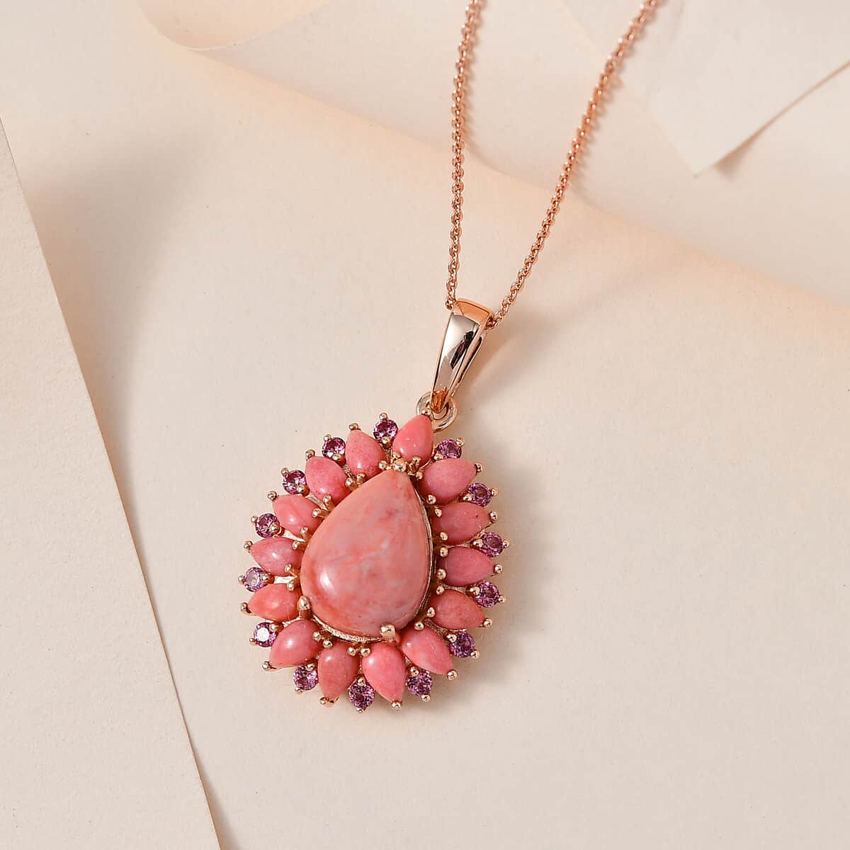 Premium Oregon Sunrise Peach Opal and Lotus Garnet Floral Pendant Necklace 20 Inches in Vermeil Rose Gold Over Sterling Silver 6.25 ctw image number 1