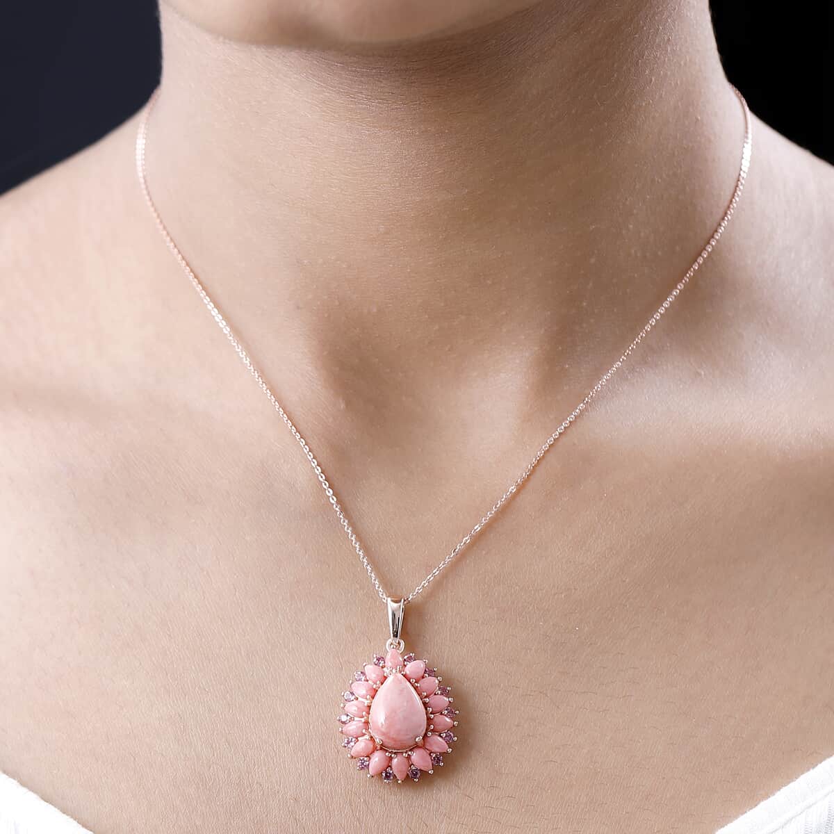 Premium Oregon Sunrise Peach Opal and Lotus Garnet Floral Pendant Necklace 20 Inches in Vermeil Rose Gold Over Sterling Silver 6.25 ctw image number 2