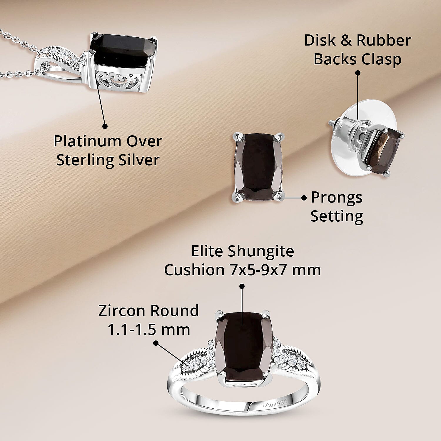 Elite Shungite (Cush), White Zircon Solitaire Stud Earrings, Ring (Size 5.0) and Pendant Necklace (20 Inches) in Platinum Over Sterling Silver 3.75 ctw