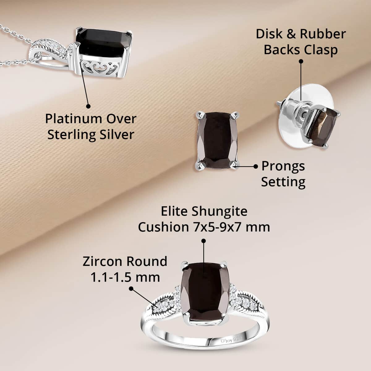 Doorbuster Elite Shungite and White Zircon Solitaire Stud Earrings, Ring (Size 5.0) and Pendant Necklace 20 Inches in Platinum Over Sterling Silver 3.75 ctw image number 6