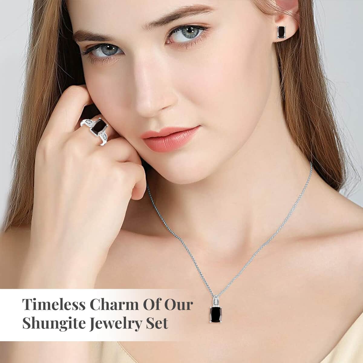 Elite Shungite and White Zircon Solitaire Stud Earrings, Ring (Size 7.0) and Pendant Necklace 20 Inches in Platinum Over Sterling Silver 3.75 ctw image number 2