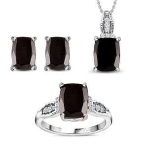 Elite Shungite and White Zircon Solitaire Stud Earrings, Ring (Size 8.0) and Pendant Necklace 20 Inches in Platinum Over Sterling Silver 3.75 ctw