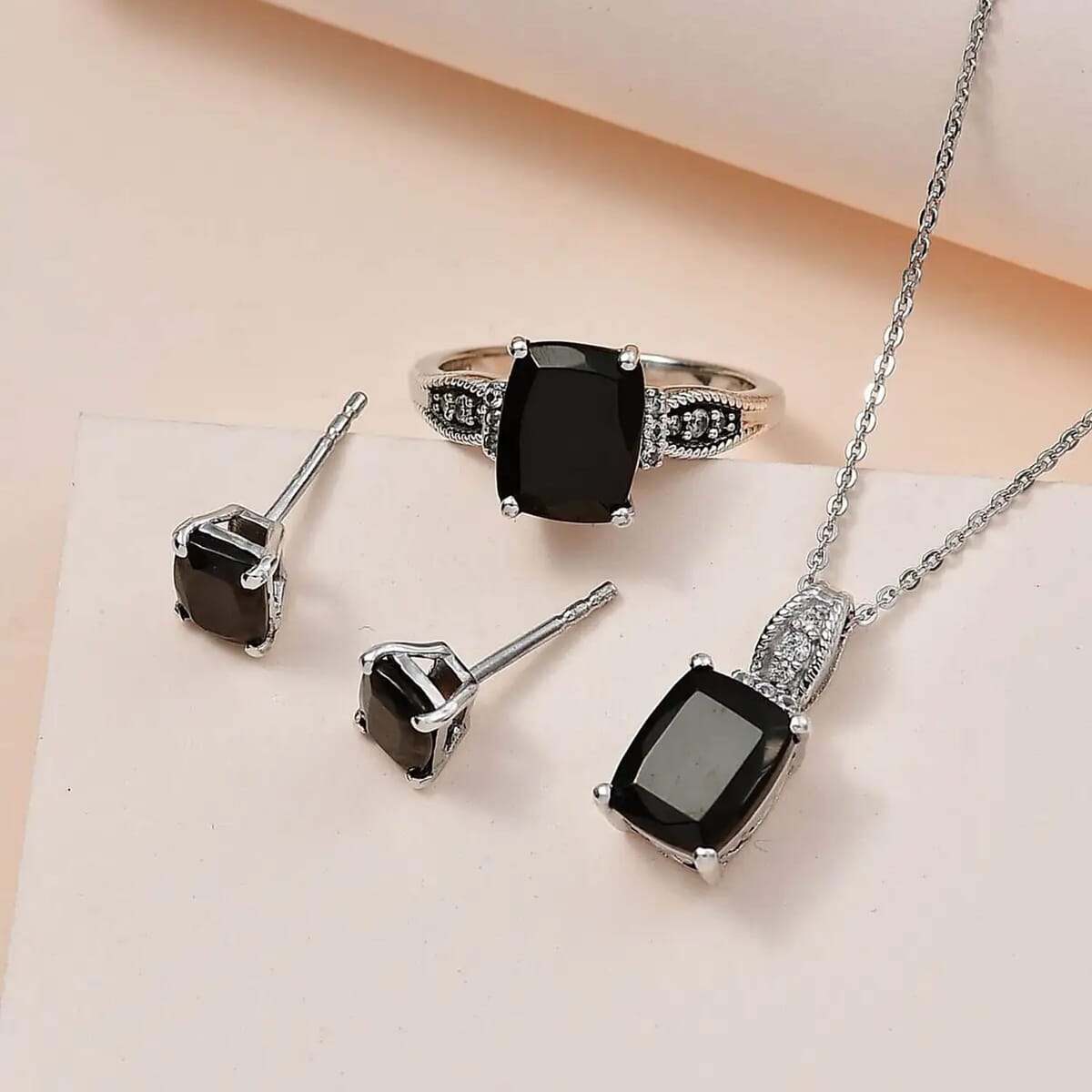 Elite Shungite and White Zircon Solitaire Stud Earrings, Ring (Size 8.0) and Pendant Necklace 20 Inches in Platinum Over Sterling Silver 3.75 ctw image number 1