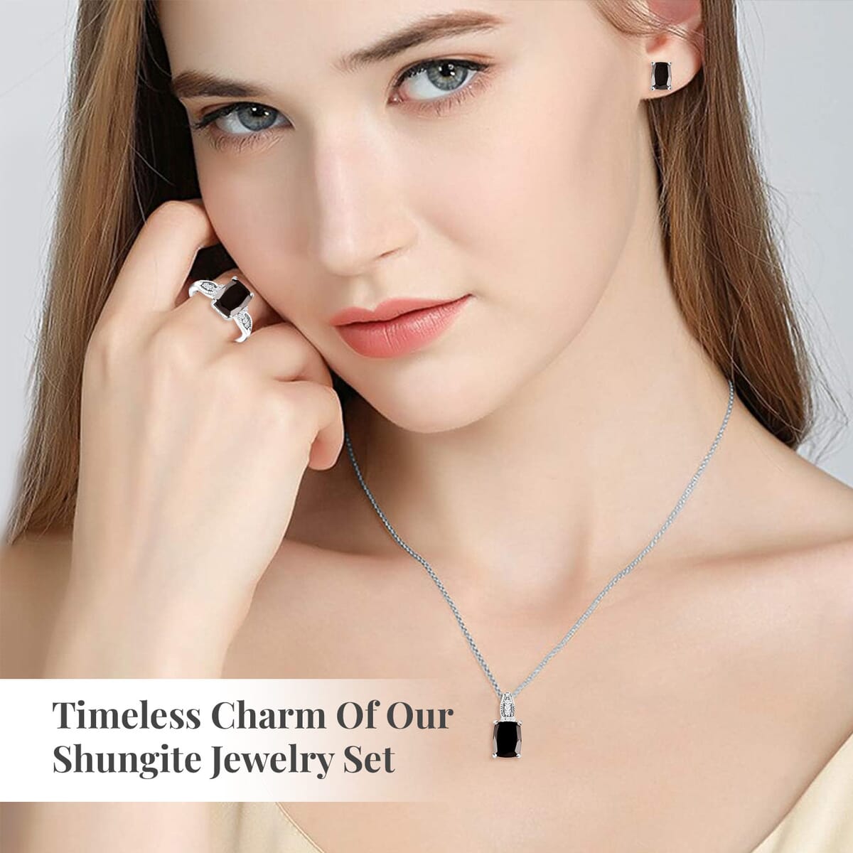 Elite Shungite and White Zircon Solitaire Stud Earrings, Ring (Size 8.0) and Pendant Necklace 20 Inches in Platinum Over Sterling Silver 3.75 ctw image number 3