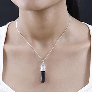 Australian Black Tourmaline Pencil Pendant Necklace 20 Inches in Platinum Over Sterling Silver 22.25 ctw