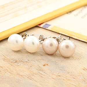 Freshwater Pearl Set of 2 Solitaire Stud Earrings in Silvertone