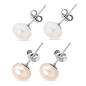 Freshwater Pearl Set of 2 Solitaire Stud Earrings in Silvertone