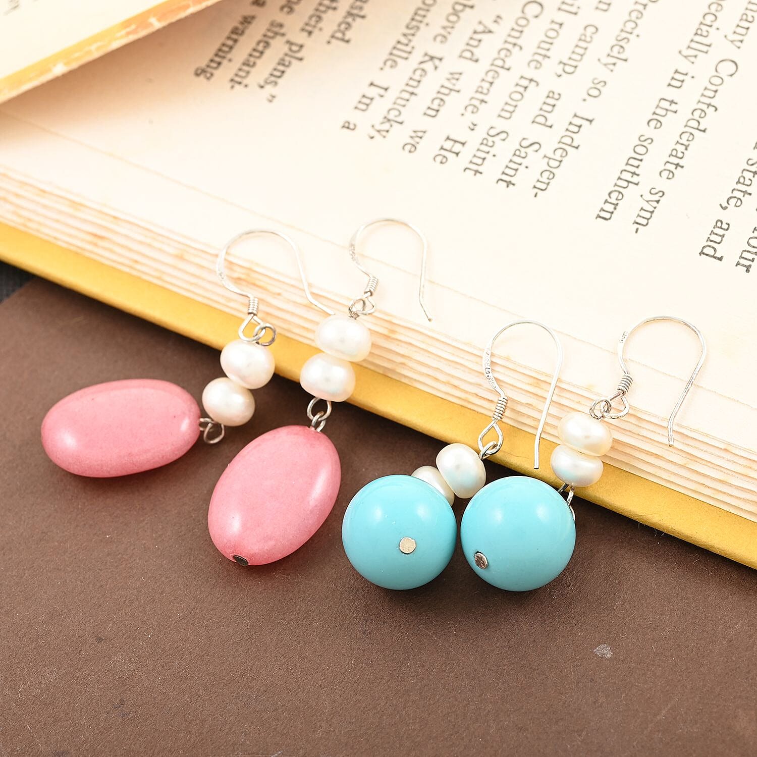 Turquoise and Peach Jade (D), Freshwater Pearl Set of 2 Earrings in Silvertone 16.00 ctw