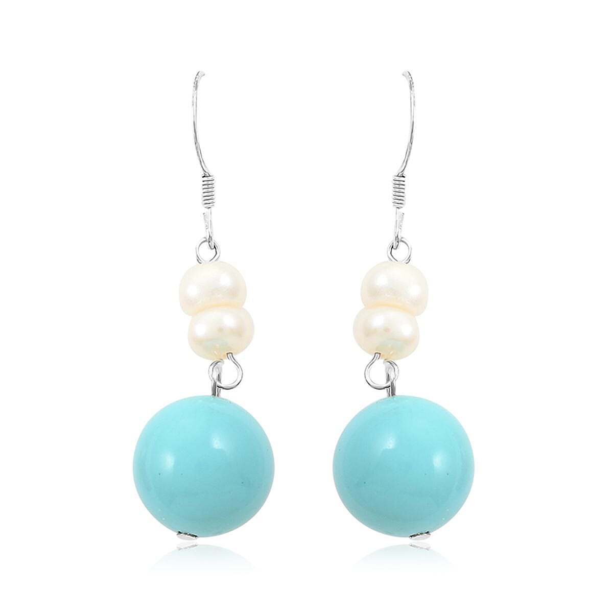 Turquoise and Peach Jade (D), Freshwater Pearl Set of 2 Earrings in Silvertone 16.00 ctw