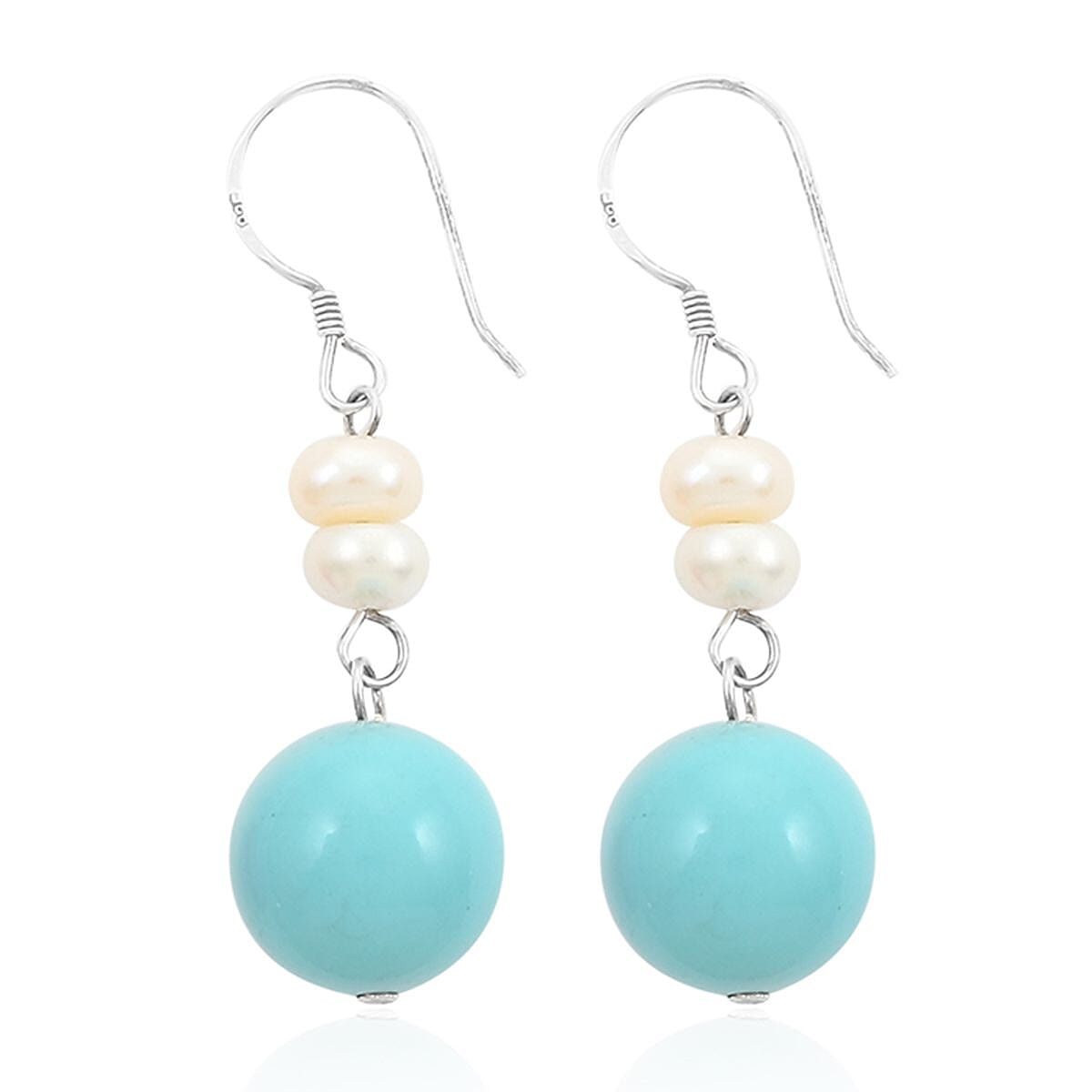Turquoise and Peach Jade (D), Freshwater Pearl Set of 2 Earrings in Silvertone 16.00 ctw