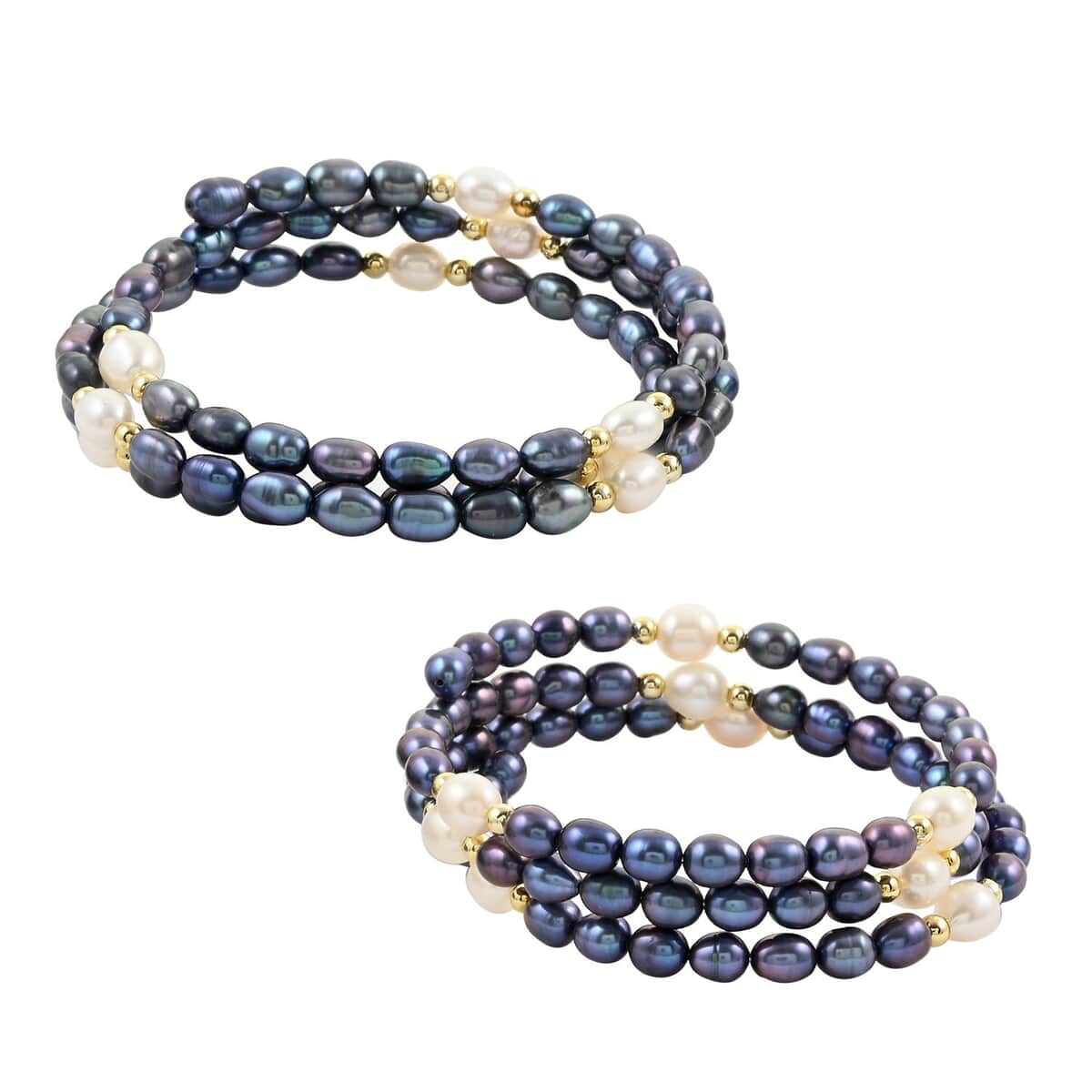 Blue and White Freshwater Pearl Set of 2 Bracelet in Goldtone image number 0
