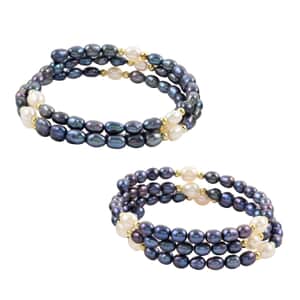 Blue and White Freshwater Pearl Set of 2 Bracelet in Goldtone