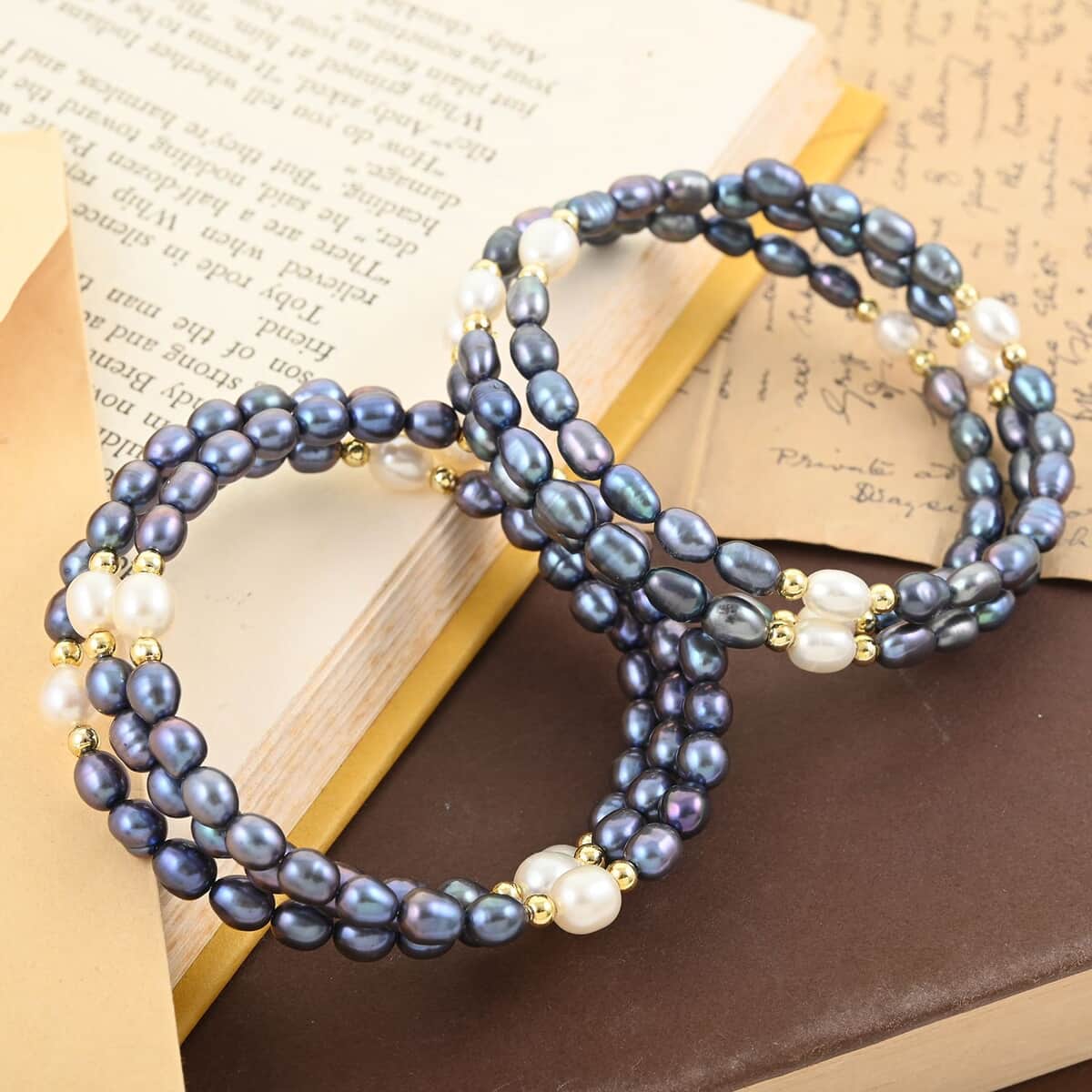 Blue and White Freshwater Pearl Set of 2 Bracelet in Goldtone image number 1