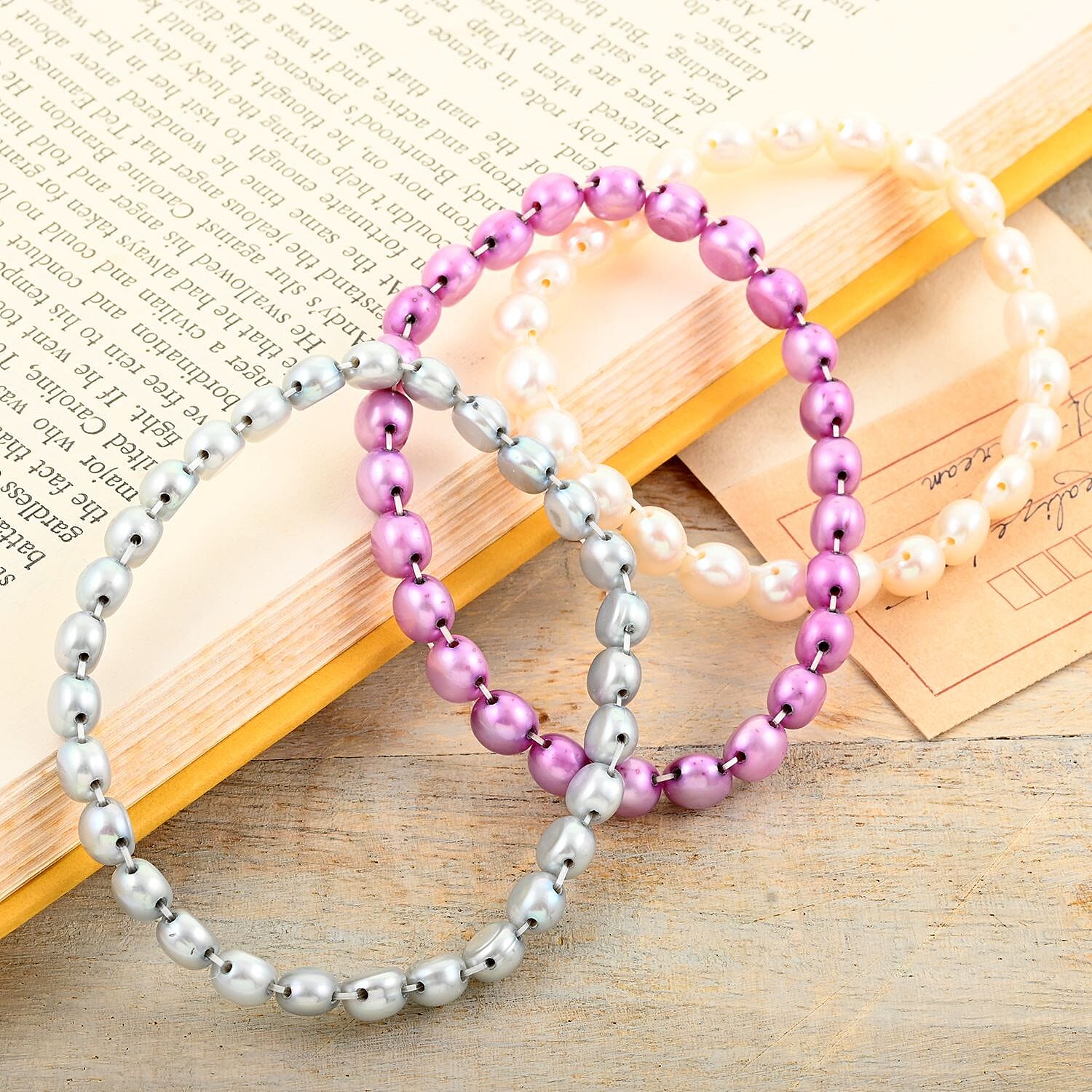 Set of 3 Multi Color Freshwater Pearl Stretch Bracelet