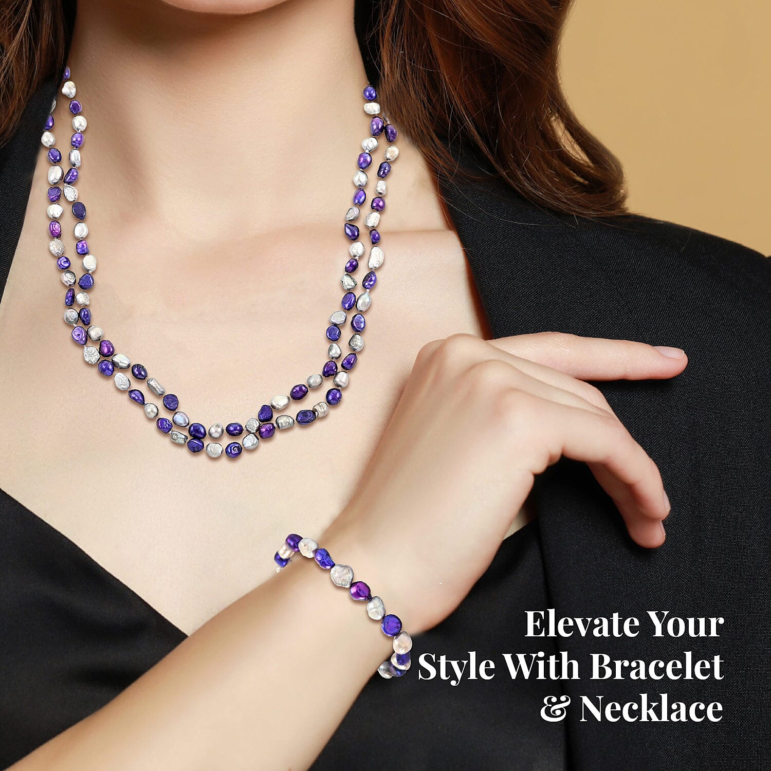 Freshwater Peacock and White Pearl Stretch Bracelet and Endless Necklace (80 Inches)