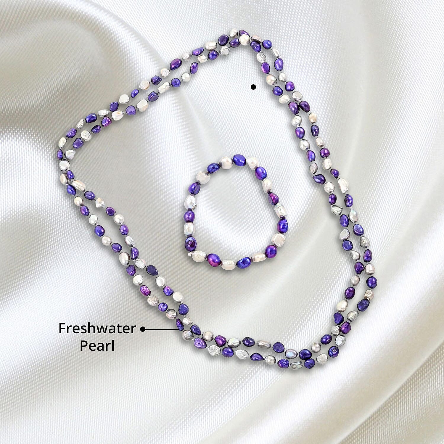 Freshwater Peacock and White Pearl Stretch Bracelet and Endless Necklace (80 Inches)