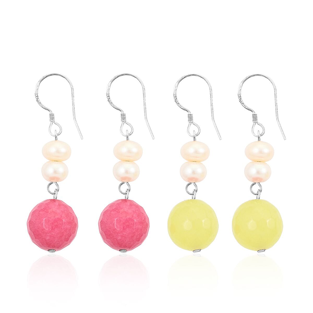 Light Yellow and Pink Jade (D), Freshwater Pearl Set of 2 Earrings in Sterling Silver 15.00 ctw image number 3