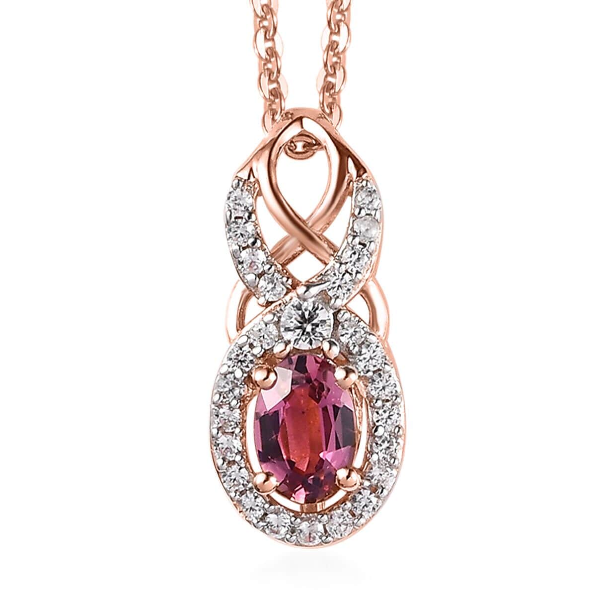 Premium Natural Calabar Pink Tourmaline and White Zircon Pendant Necklace 20 Inches in Vermeil Rose Gold Over Sterling Silver 0.70 ctw image number 0