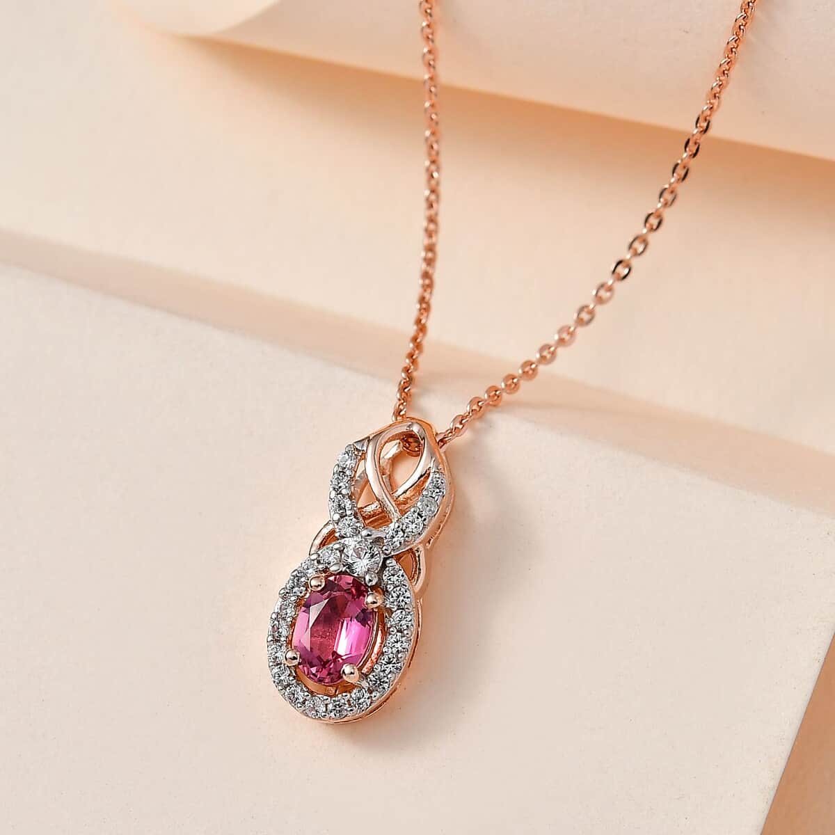 Premium Natural Calabar Pink Tourmaline and White Zircon Pendant Necklace 20 Inches in Vermeil Rose Gold Over Sterling Silver 0.70 ctw image number 1