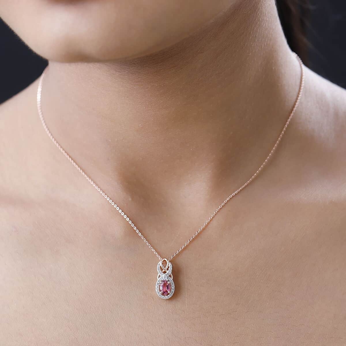 Premium Natural Calabar Pink Tourmaline and White Zircon Pendant Necklace 20 Inches in Vermeil Rose Gold Over Sterling Silver 0.70 ctw image number 2