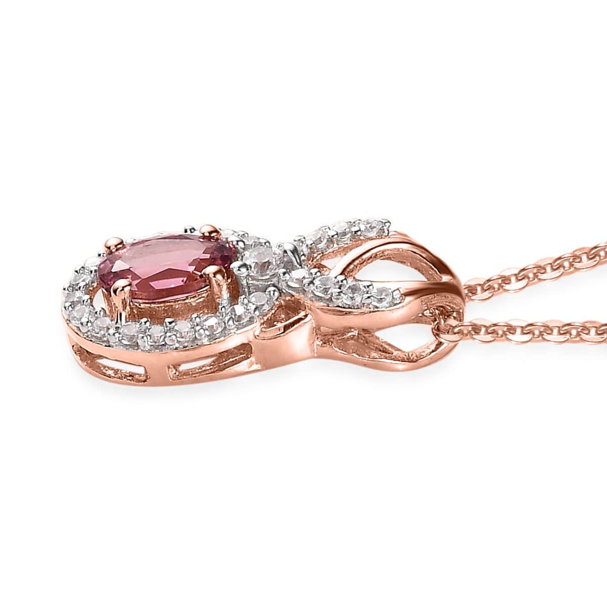 Premium Natural Calabar Pink Tourmaline and White Zircon Pendant Necklace 20 Inches in Vermeil Rose Gold Over Sterling Silver 0.70 ctw image number 3