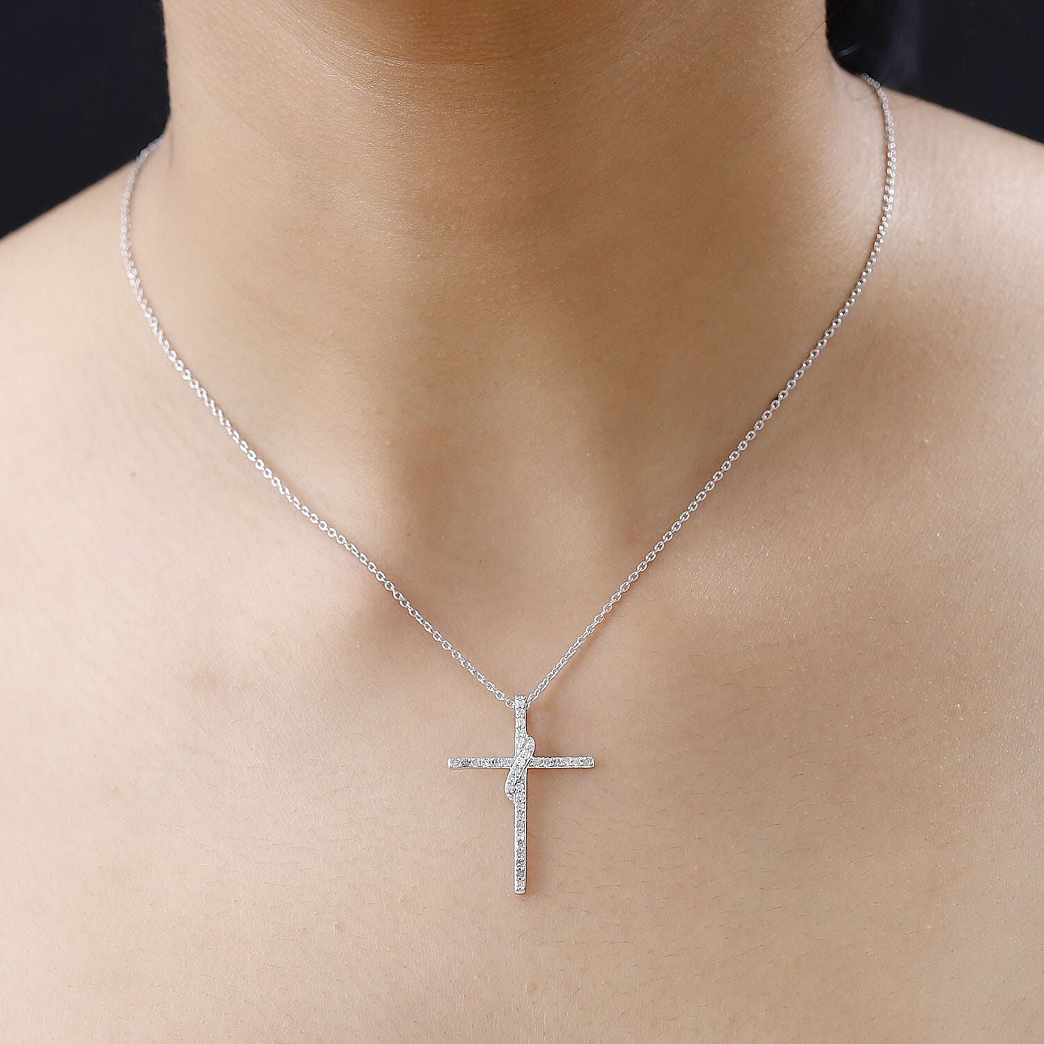 Diamond Cross Pendant Necklace 18 Inches in Rhodium Over Sterling Silver 0.33 ctw