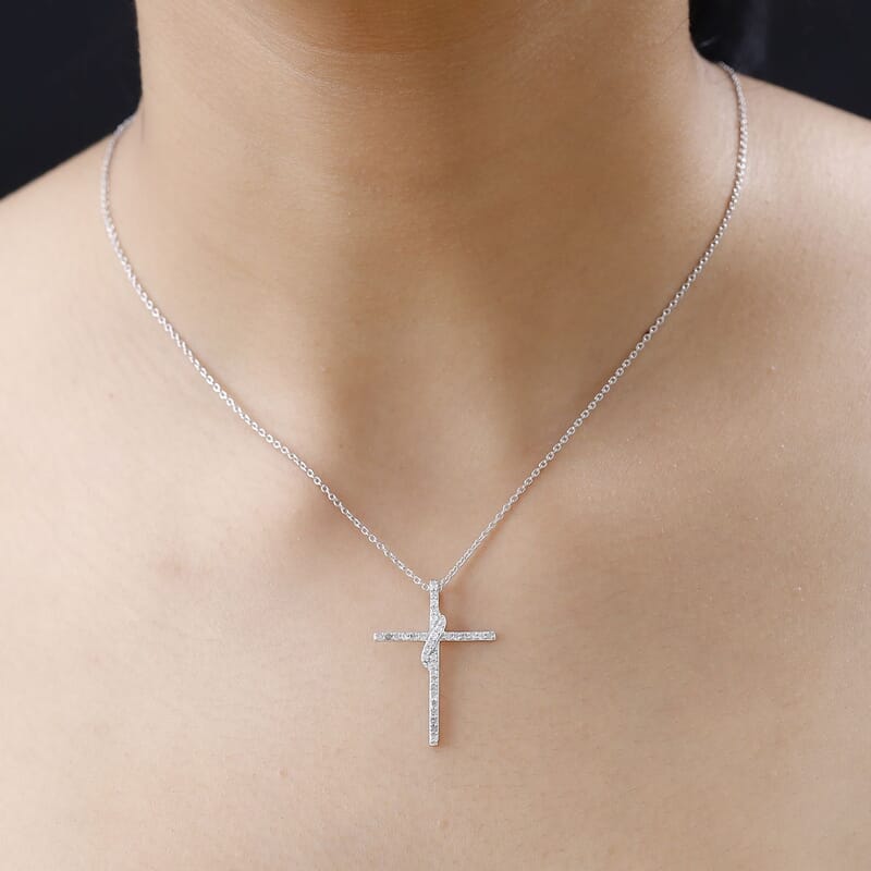 Diamond Cross Pendant Necklace 18 Inches in Rhodium Over Sterling Silver 0.33 ctw