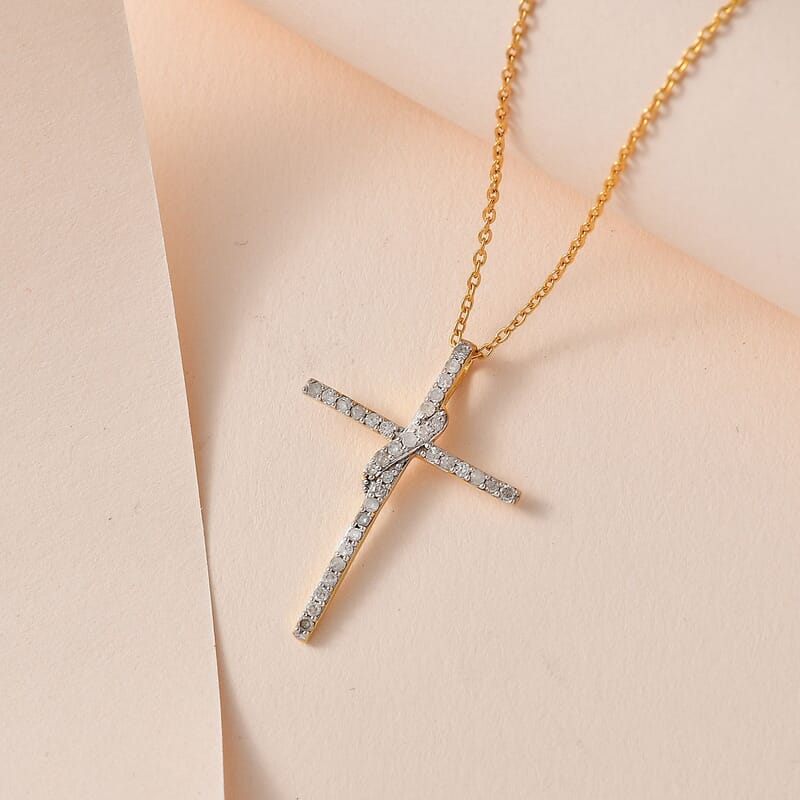 Diamond Cross Pendant Necklace 18 Inches in 14K Yellow Gold Over Sterling Silver 0.33 ctw
