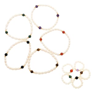 Freshwater Pearl, Multi Gemstone Set of 5 Stretch Ring and Stretch Bracelet in Goldtone 20.00 ctw