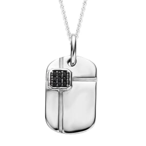 Thai Black Spinel Pendant Dog Tag Necklace 20 Inches in Platinum Over Sterling Silver 0.10 ctw