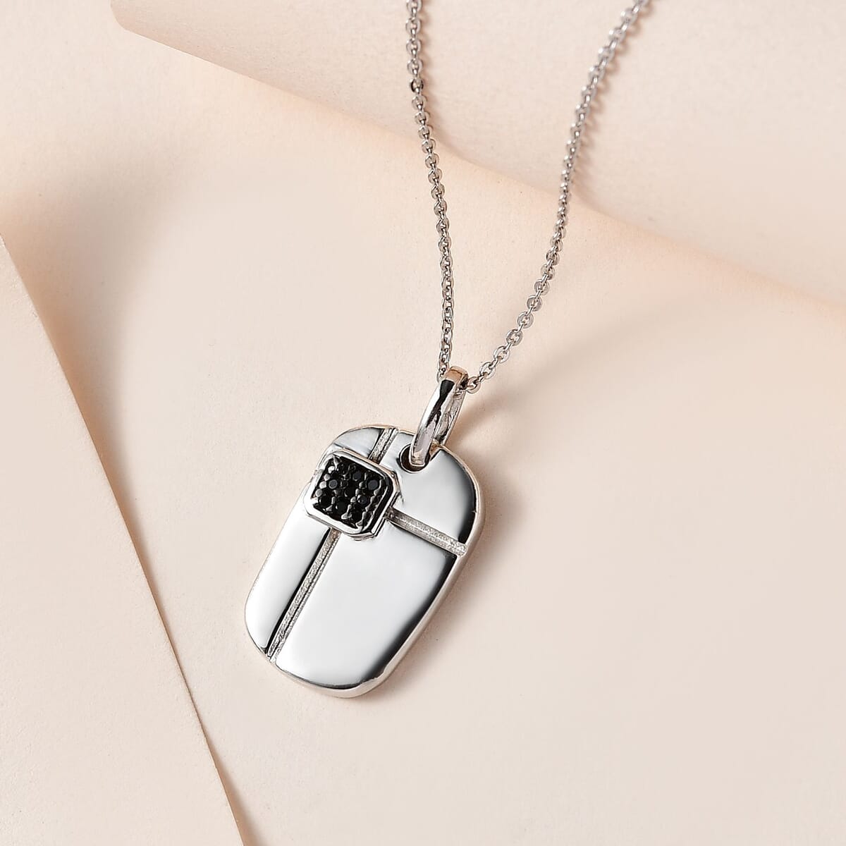Thai Black Spinel Pendant Dog Tag Necklace 20 Inches in Platinum Over Sterling Silver 0.10 ctw image number 1