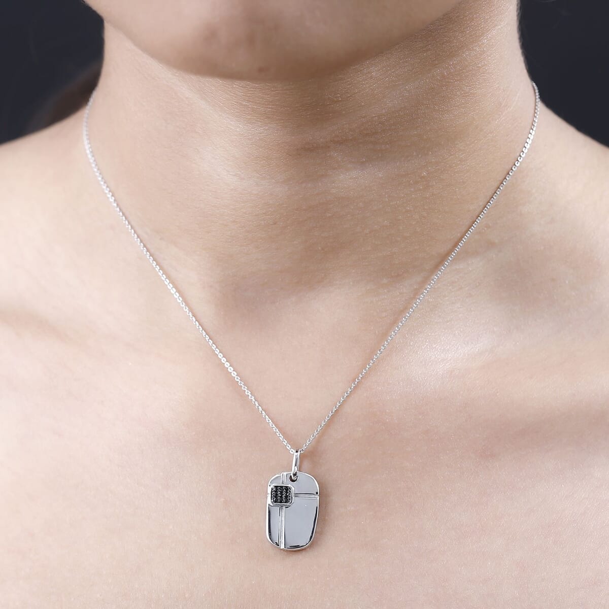 Thai Black Spinel Pendant Dog Tag Necklace 20 Inches in Platinum Over Sterling Silver 0.10 ctw image number 2