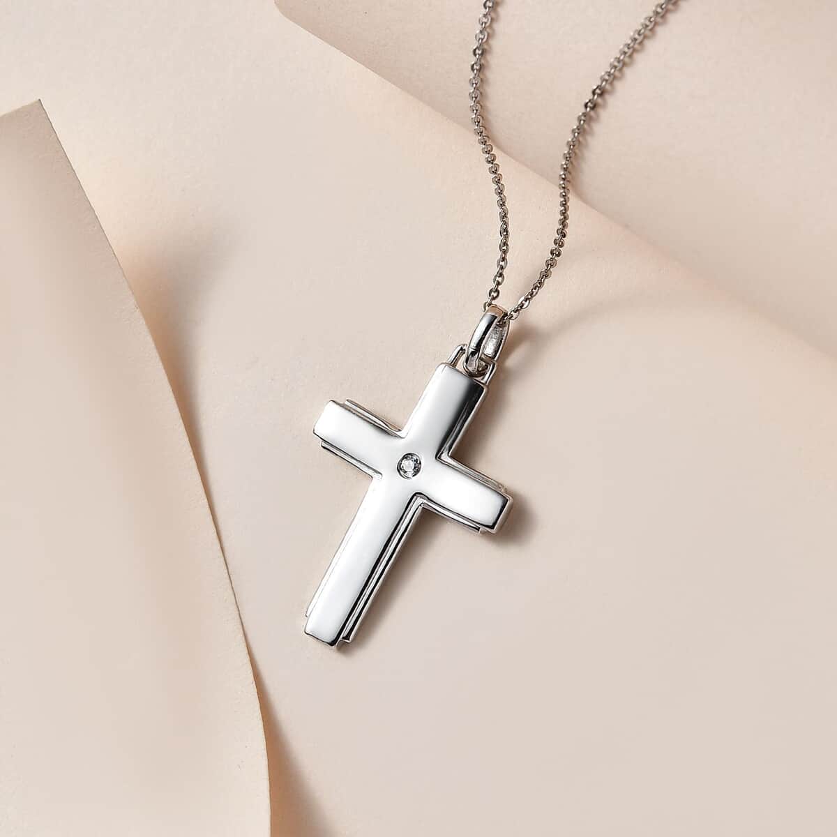 White Zircon Cross Pendant Necklace 20 Inches in Platinum Over Sterling Silver 0.05 ctw image number 1