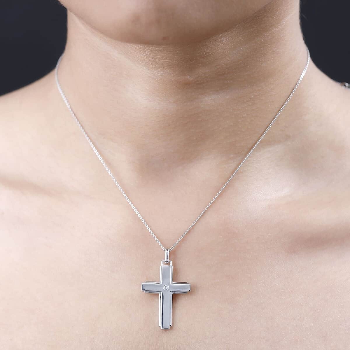 White Zircon Cross Pendant Necklace 20 Inches in Platinum Over Sterling Silver 0.05 ctw image number 2
