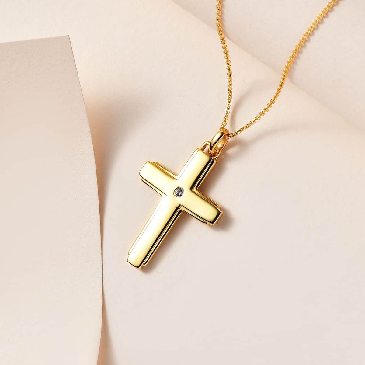White Zircon Cross Pendant Necklace 20 Inches in Vermeil Yellow Gold Over Sterling Silver 0.05 ctw image number 1