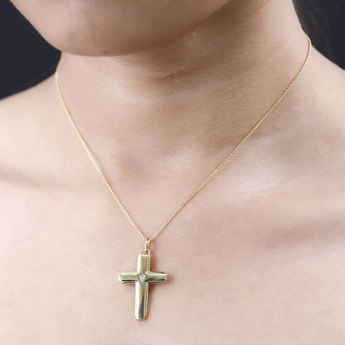 White Zircon Cross Pendant Necklace 20 Inches in Vermeil Yellow Gold Over Sterling Silver 0.05 ctw image number 2