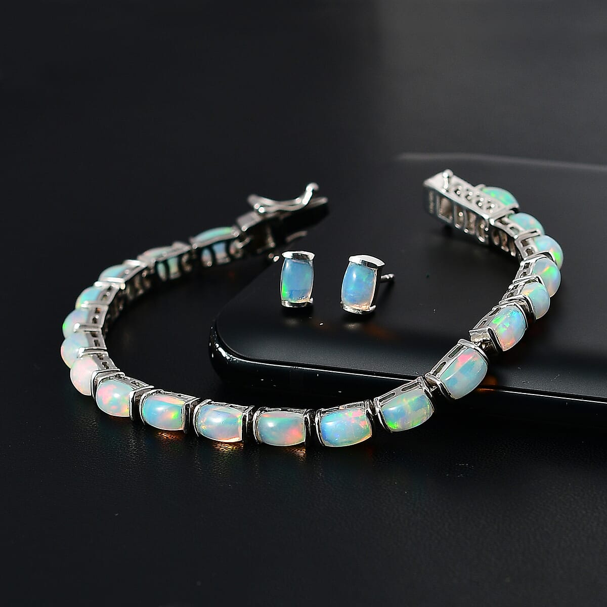 Ethiopian Welo Opal Tennis Bracelet (6.50In) and Solitaire Stud Earrings in Platinum Over Sterling Silver 10.10 ctw image number 1
