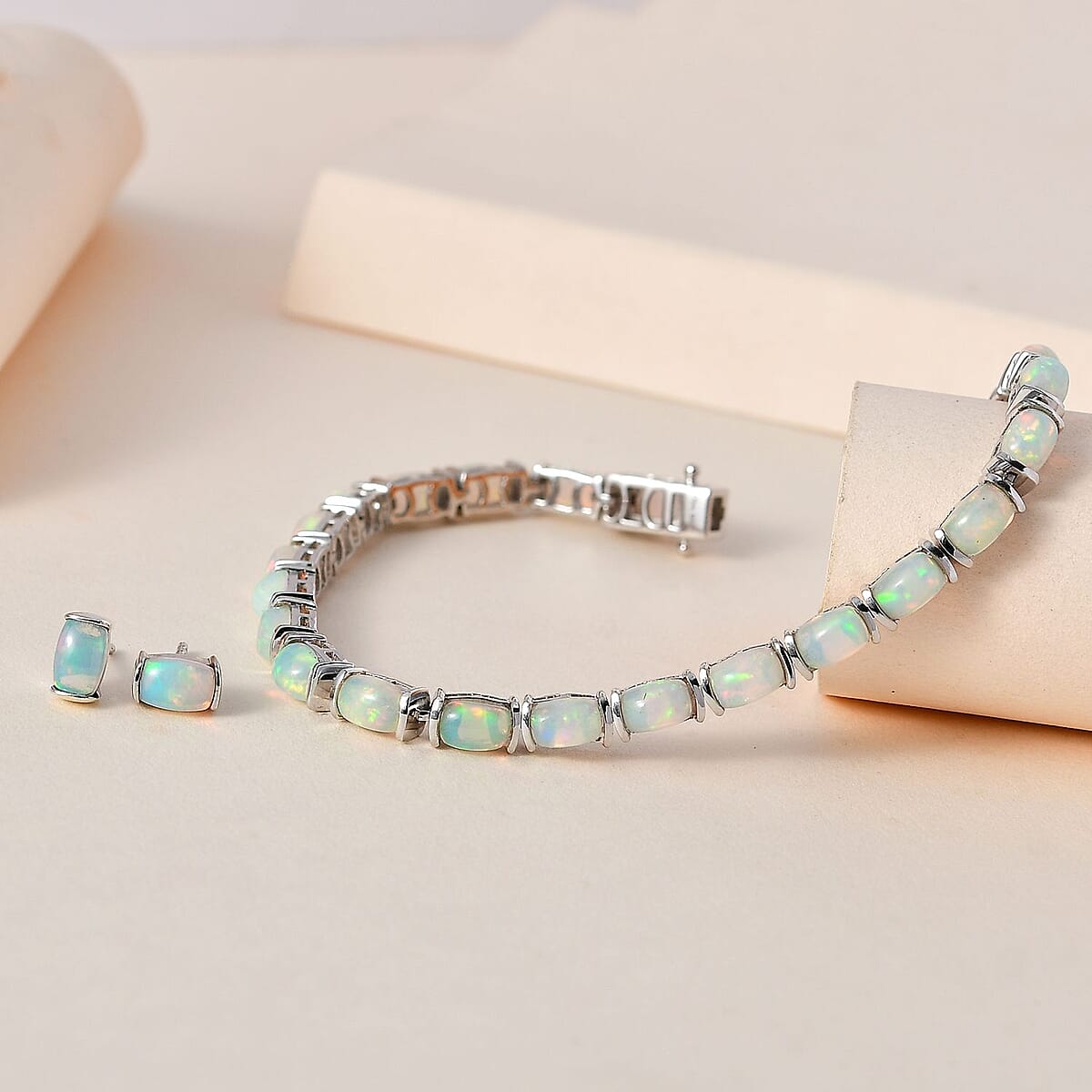 Ethiopian Welo Opal Tennis Bracelet (7.25In) and Solitaire Stud Earrings in Platinum Over Sterling Silver 10.00 ctw image number 1