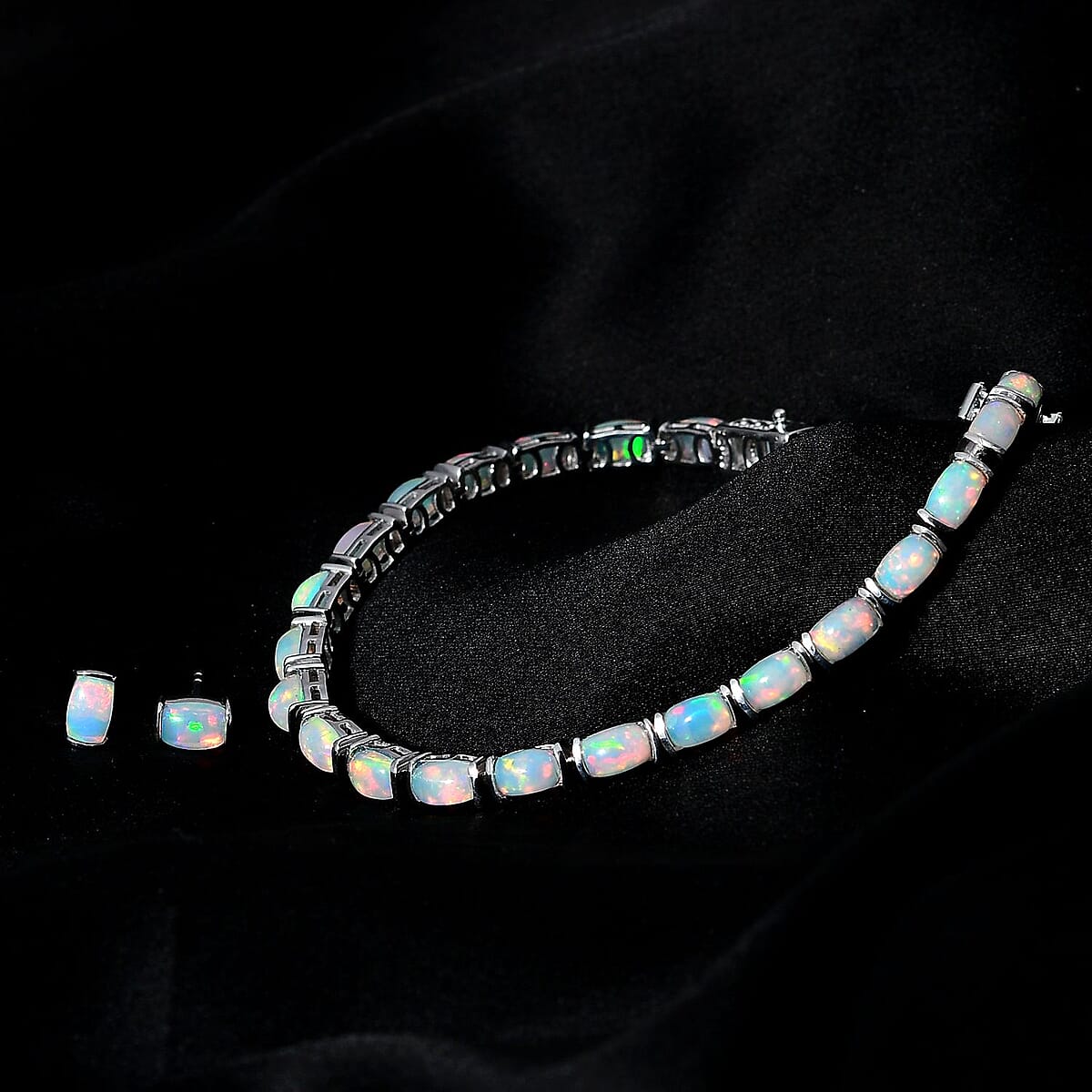 Ethiopian Welo Opal Tennis Bracelet (7.25In) and Solitaire Stud Earrings in Platinum Over Sterling Silver 10.00 ctw image number 2