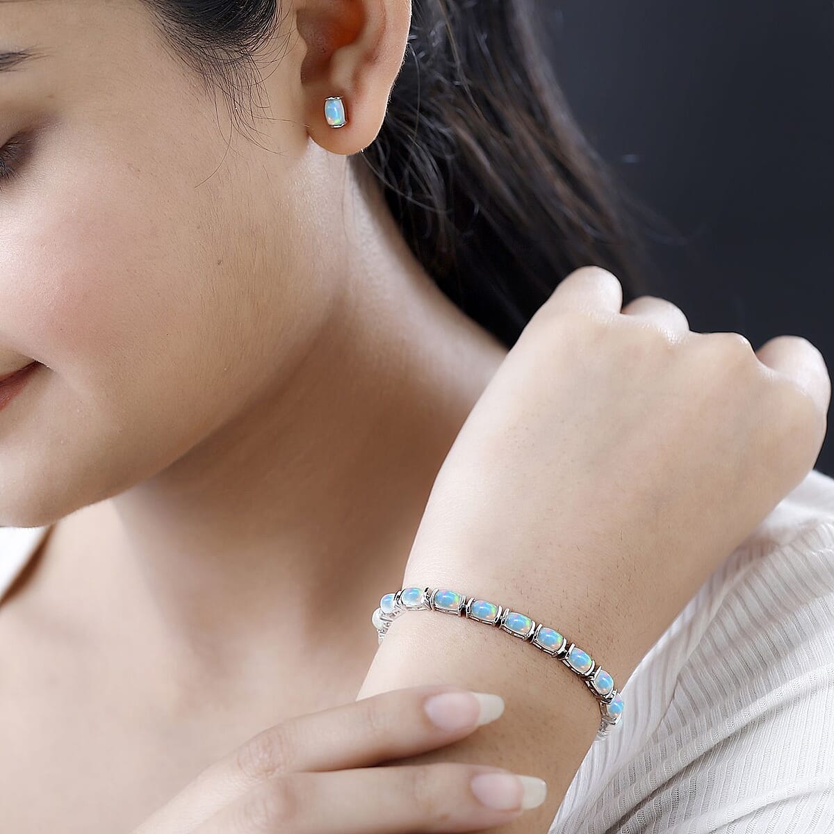 Ethiopian Welo Opal Tennis Bracelet (7.25In) and Solitaire Stud Earrings in Platinum Over Sterling Silver 10.00 ctw image number 3