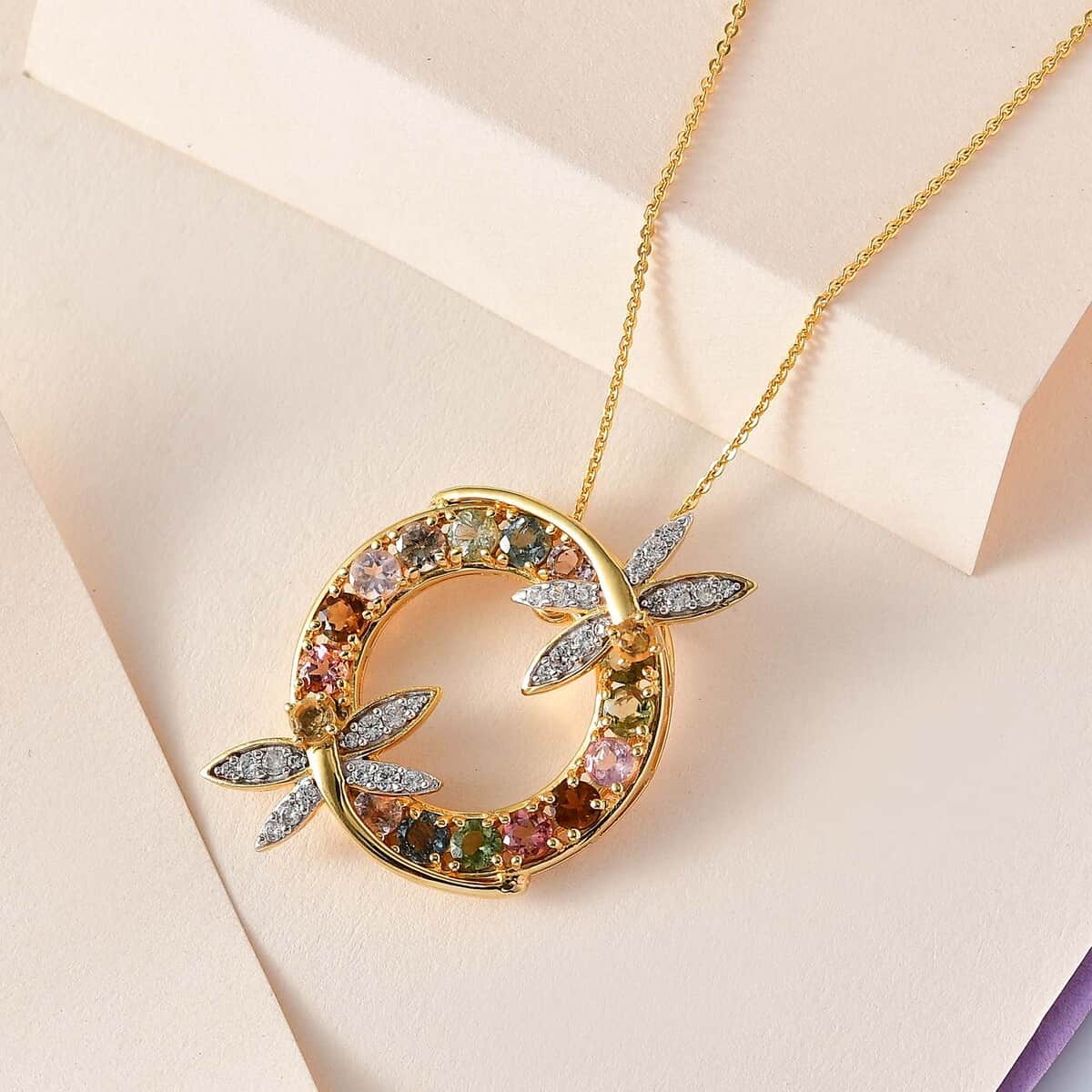 GP Trionfo Collection Premium Multi-Tourmaline and Multi Gemstone Dragonfly Pendant Necklace 20 Inches in Vermeil Yellow Gold Over Sterling Silver 4.00 ctw image number 1