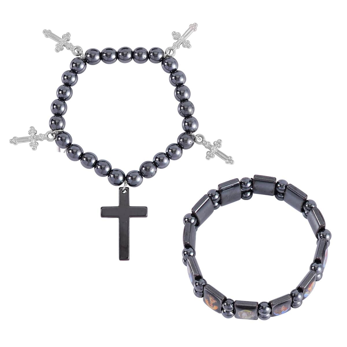 Black Hematite 362.00 ctw Set of 2 Bracelet with Cross Charm in Silvertone image number 0